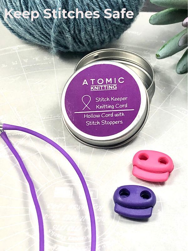 Knitting cords with a tin and two stitch locks