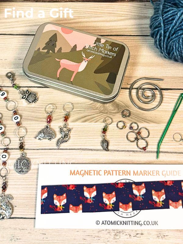 Gifts for knitters with a selection of useful row counters, stitch markers, cable needles and knitting notions