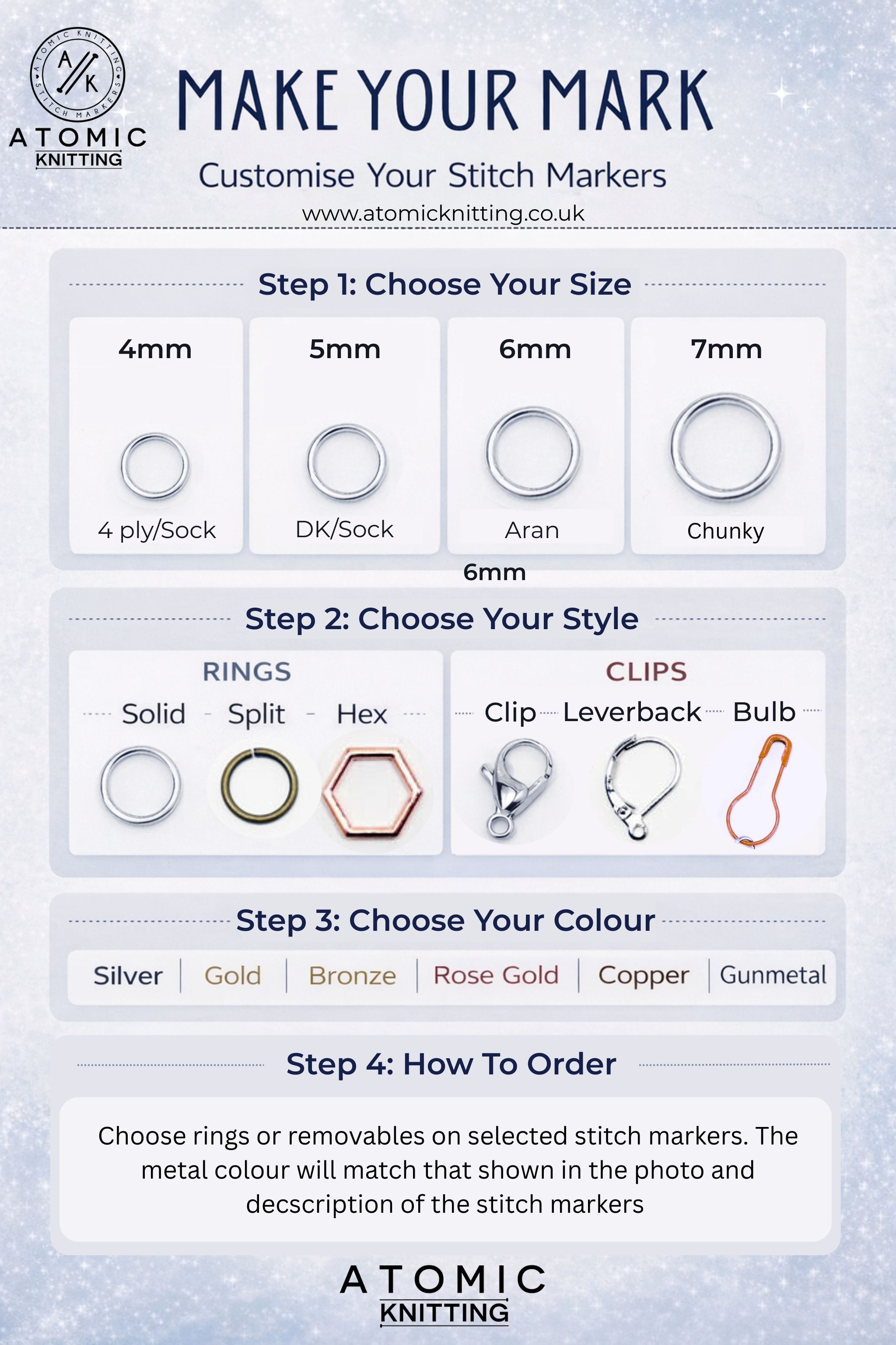 A help guide for choosing rings or clips for knitting and crochet. Assortment of silver jump rings and clasps in various sizes, including 4 mm and 7 mm split rings, leverback clasps, and crochet clips. The image includes the text "MAKE YOUR MARK" and "RINGS & CLASPS".