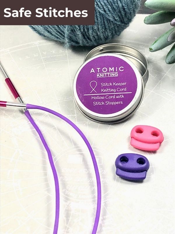 Knitting cords with a tin and two stitch locks