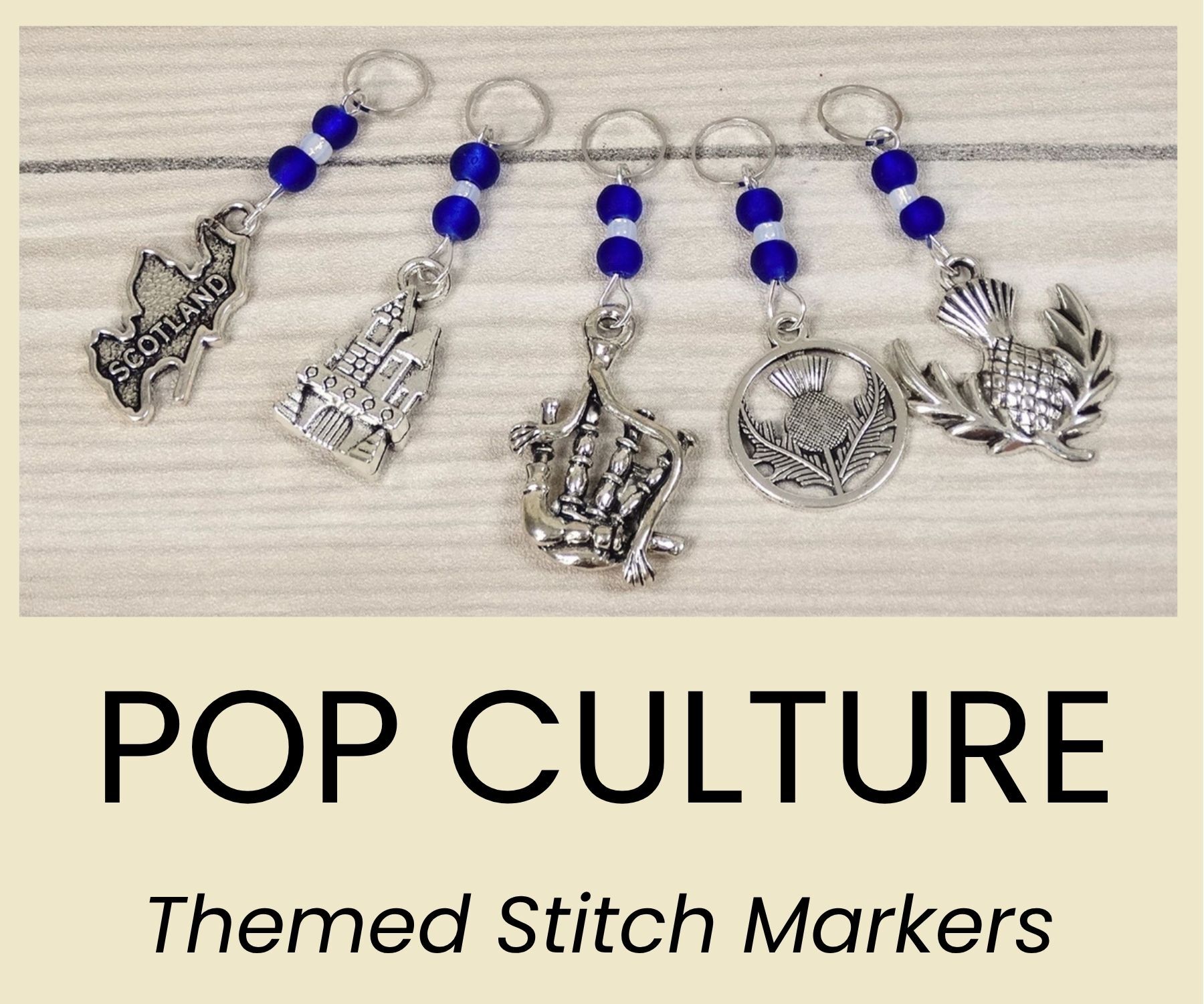 Pop culture and travel stitch markers in a range of themes