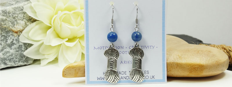 Skein of yarn knitting earrings with blue aventurine gemstone round stone