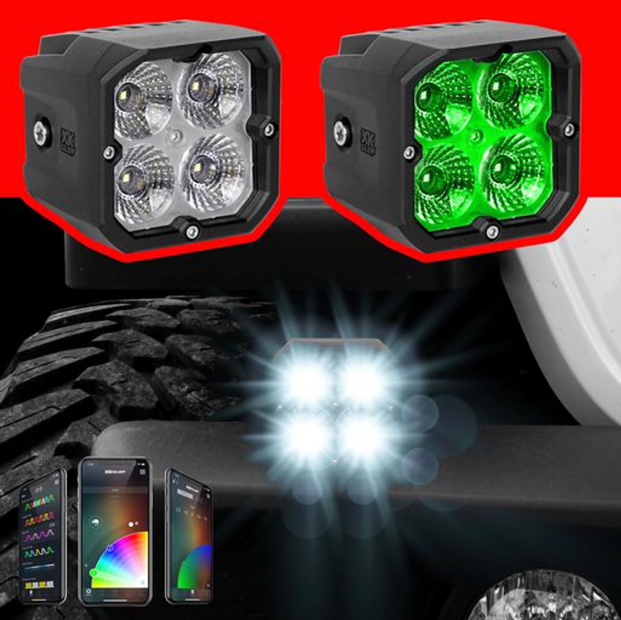 XK Glow XK065001-S-KIT XKChrome 20W LED Cube Lights with RGB Accent & Controller | Spot Beam
