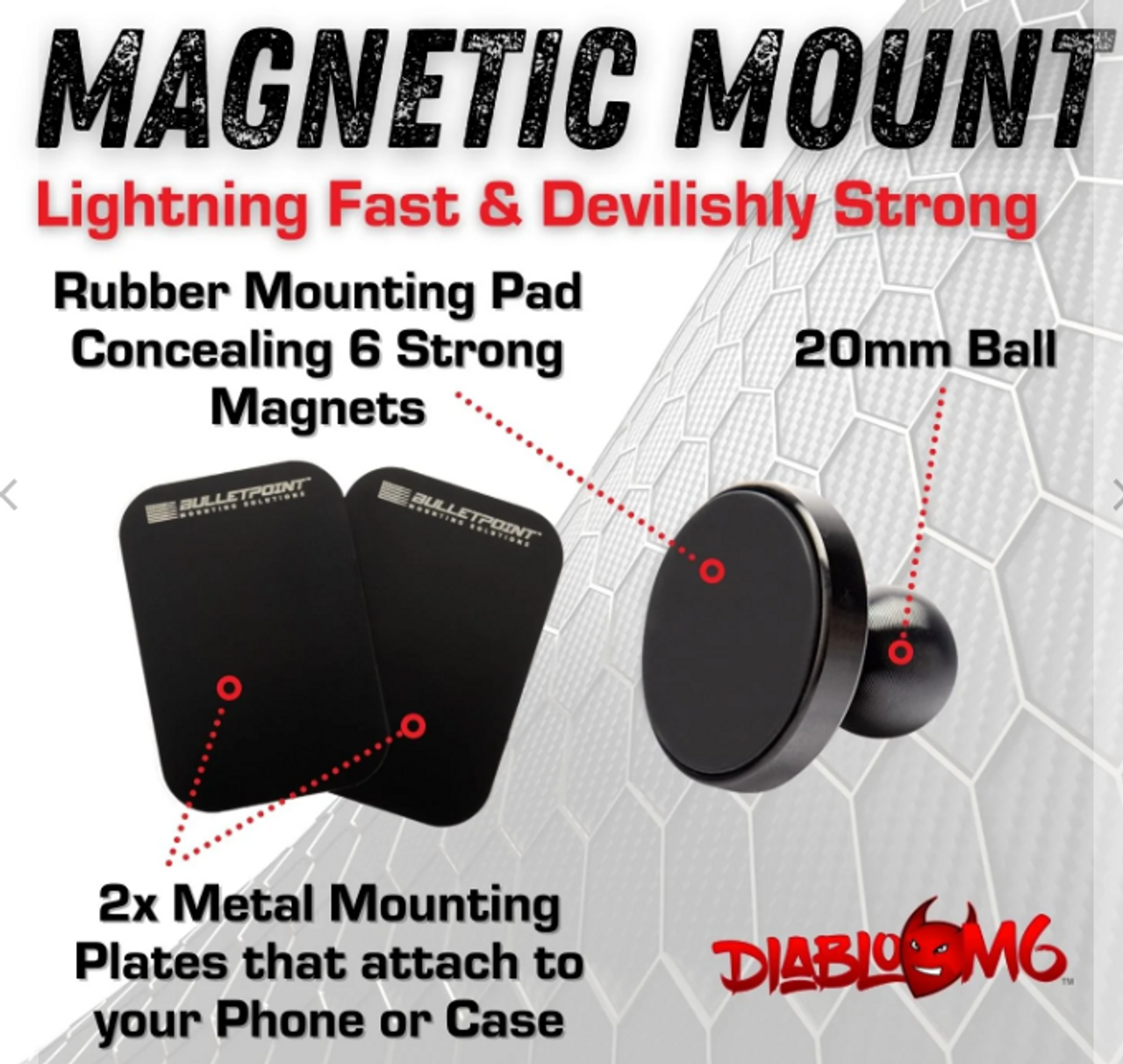 Bulletpoint Mounting Solutions Diablo M6 Magnetic Single 20mm Ball Dash Phone Mount for Jeep Wrangler JK 2011-2018