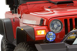 Front View of Bushwacker Flat Style Fender Flares Mounted on Jeep Wrangler TJ