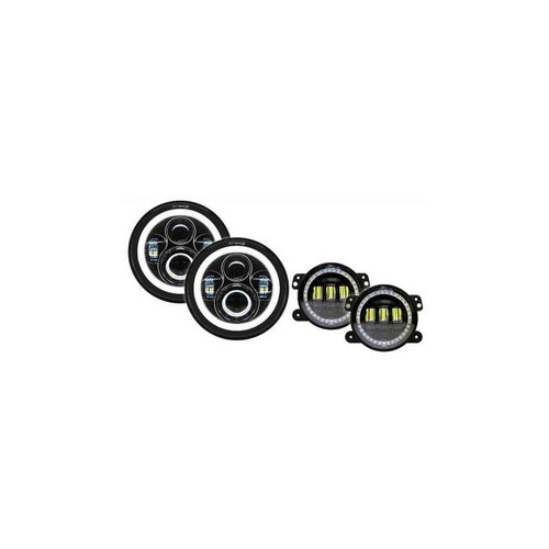 Quake LED QTE968 7" Headlight & Fog Light Package White DRL Halo/Amber Turn Signals for Jeep Wrangler JK 2007-2018