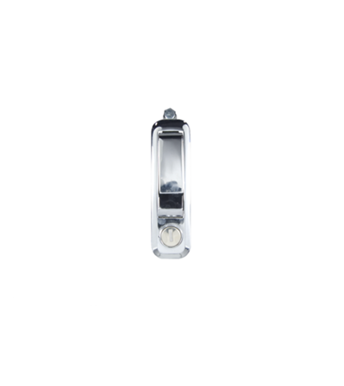 Polished chrome short-arm pivot latch with locking function; compact, secure, and corrosion-resistant—ideal for trailer restrooms and utility doors.