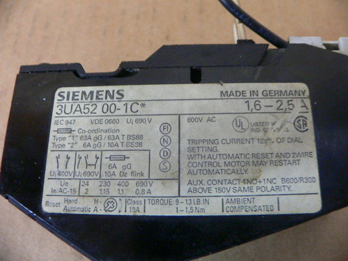 Siemens 3UA52 00-1C 1.6-2.5A Overload Relay