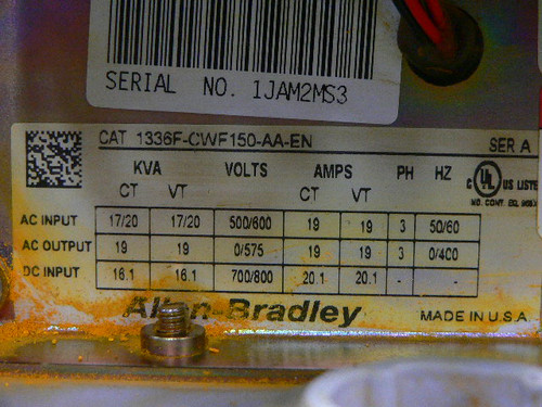 Allen Bradley 1336F-CWF150-AA-EN AC Drive 1336 PLUS II Adjustable Frequency 50/60 HZ 19.0 AMP 500-600 VAC