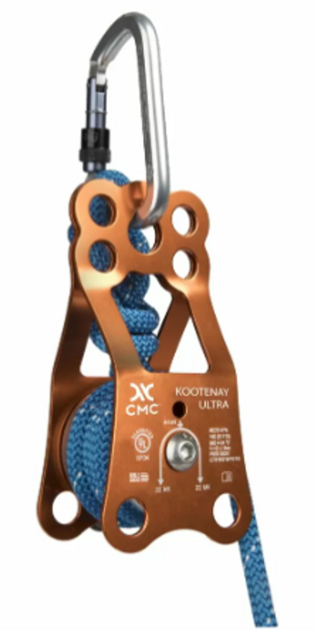 The original Kootenay knot passing pulley was proposed by the legendary Arnor Larson in the late '80's and was made by Rock Exotica. Two holes for tag lines, a dual bearing and other features make the Kootenay Ultra the most advanced pulley of its type.

Extemely compact and lightweight, while maintaining same capacity of larger Kootenay-style pulleys.

Simplifies high-strength tie-off with a single locking screw, stowable within the axle.

Uses two independent sealed ball bearings for increased durability and efficiency.

Two additional holes to separate tag lines and hoist lines, helping prevent spinning of the load and interference with connectors.
MBS: 39 kN
WLL: 6kN
Sheave Dia: 2.2" (56mm)
Rope Dia: 8mm - 19mm
Weight:  25 oz (711 gm)
Type: Double Bearing
Certification: CE
