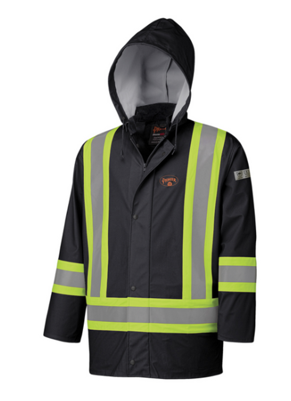 FR treated 100% polyurethane/poly
Meets CGSB 155.20, 2000 TYPe 3
CSA Z96-09 Class 1 Level 2 and Class 1 Level FR
Oil and chemical resistant
100% waterproof and windproof
Lightweight and tough 4-way stretch PU
StarTech™ FR reflective tape
Heat welded seams
Extra-large detachable hood
Full FRont zipper with snap closure storm flap
Sizes: XS-5XL
Black