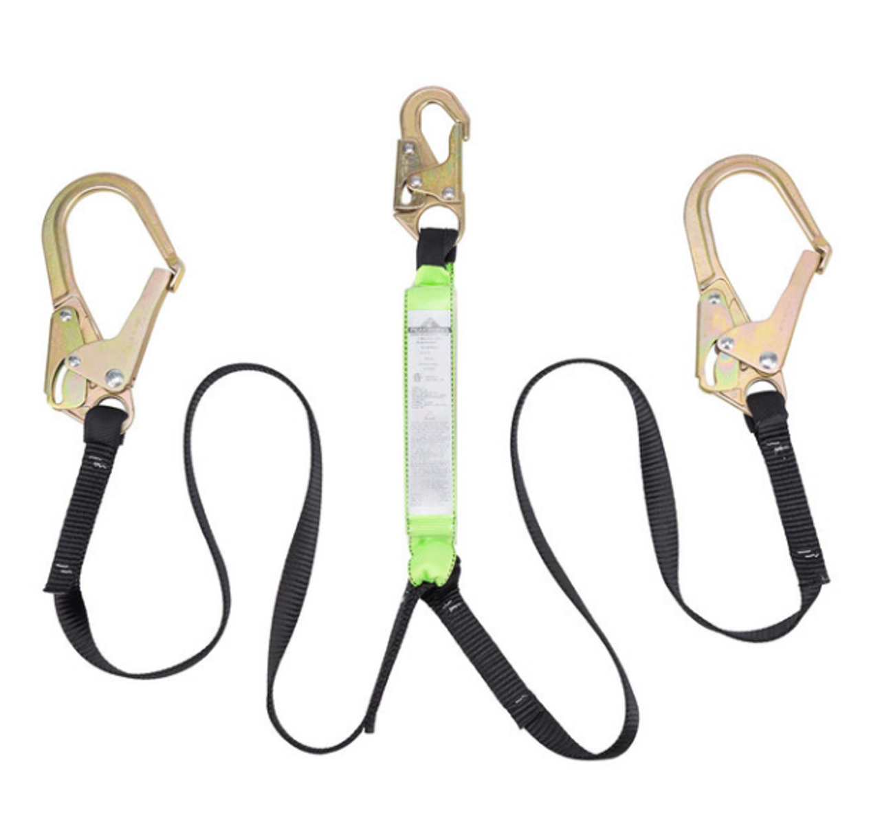 • SP (Shock Pack) lanyards are comprised of "tear webbing" which is woven in a manner that allows the webbing to tear when it has a load applied to it. This tearing absorbs a significant amount of downward force under load, reducing injury. This tear webbing is folded and shrink-wrapped into a compact 1 x 2 x 6" (2.5 x 5 x 15 cm) pack that is sewn into the lanyard next to the body connector.
• Certified to CSA Z259.11-17 standards
• Made with a superior grade, heavy-duty 1-3/4" (45 mm) or 1" (25 mm) polyester webbing for maximum strength or 1/4" (6 mm) galvanized plastic coated cable, with tear webbing shock absorber
• A tear-away absorber limits the arrest force to a maximum of 900 lb (4 kN)  or 1,300 lb (6 kN) 
• Deceleration Distance: 4.4 ft at 350 lbs (Consult chart in manual for DD for lower capacity)
• PeakWorks SP lanyards are available in two categories: worker weight of 110 to 220 lb [49 to 99 kg] and worker weight of 200 to 350 lb [90 to 158 kg]