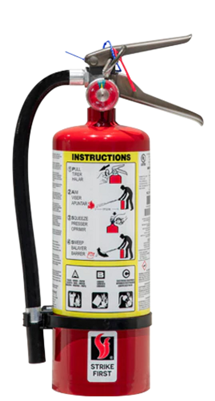  5lb ABC Dry Chemical Fire Extinguisher.

Steel cylinder complete with protective skirt
Super durable polyester powder paint finish with superior corrosion resistance
Waterproof stainless steel gauge
Handle reinforced, full grip hardcoat anodized aluminum
Oversized pull pin with retaining strap for easier and faster activation
Color and bar coded labels for accurate service
Complies with NFPA 10 Standard
Meets Alberta Fire Code 2A10BC Minimum Rating requirement