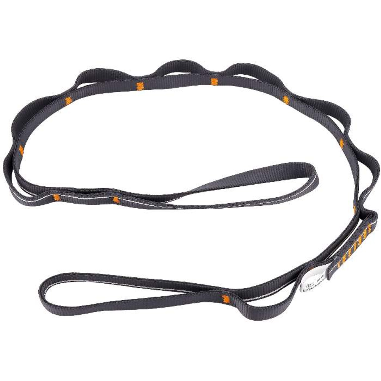 16 mm Nylon daisy chain with standard construction. Available in 2 lengths (48 and 54 inches, 122 and 137 cm). The bottom loop has a twist so that it girth hitches cleanly to a climbing harness.
NOTE: never cross-clip two loops of a daisy chain — full strength comes from the main bartack and not the individual loop stitches.