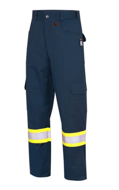 The Pioneer® Navy FR-Tech® 88/12 Safety Cargo Pants are made with Fr-Tech® 88% premium cotton material blended with 12% high-tenacity nylon, providing long-lasting protection and breathability. Multiple cargo pockets to accommodate essential field gear and outfitted with StarTech® reflective tape for enhanced visibility in low-light conditions.

• Material – Sewn with aramid inherently FR thread, these navy cargo work pants are made from 88% premium cotton material blended with 12% high-tenacity nylon, providing long-lasting value and breathability

• Design – The durable fabric is double-stitched with StarTech® FR reflective tape to enhance visibility in low-light conditions and are designed with flame resistance guaranteed for the life of the garment

• Features – Constructed with a FR brass zipper for adjustability, the FR-Tech® workwear has 2 front, 2 back, and 2 cargo utility pockets with flaps. Additionally, all components and material meet CGSB 155.20-2017 and NFPA 2112-2018 certified to UL

• Certification – With an ARC 2 rating, an ATPV of 10 cal/cm² and thermal protective performance value of 9 cal/cm², these pants meet CSA Z96-15 Class 3 Level 2 and Class 3 Level FR when worn with Class 2 Level 2 and Class 2 Level FR top