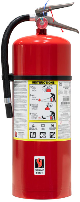 Strike First 20lb ABC Dry Chemical Fire Extinguisher. Appropriate size for industrial applications.

Steel cylinder complete with protective skirt
Super durable polyester powder paint finish with superior corrosion resistance
Waterproof stainless steel gauge
Handle reinforced, full grip hardcoat anodized aluminum
Oversized pull pin with retaining strap for easier and faster activation
Color and bar coded labels for accurate service
Complies with NFPA 10 Standard
