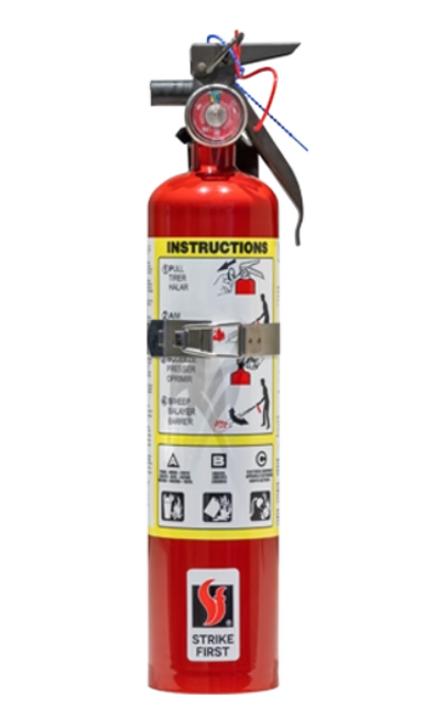 Strike First 2.5lb ABC Dry Chemical Fire Extinguisher. Appropriate size for cab of truck. NOTE: this fire extinguisher is not large enough to qualify as providing coverage for a building, and is intended for vehicles only.

Steel cylinder complete with protective skirt
Super durable polyester powder paint finish with superior corrosion resistance
Waterproof stainless steel gauge
Handle reinforced, full grip hardcoat anodized aluminum
Oversized pull pin with retaining strap for easier and faster activation
Color and bar coded labels for accurate service
Complies with NFPA 10 Standard