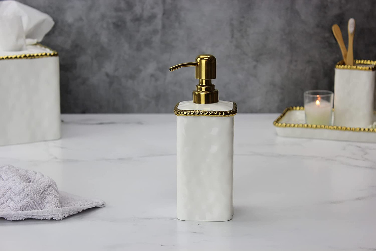 Vanity Accessories with Gold Beads Soap Pump White and Gold - Thumbnail 4