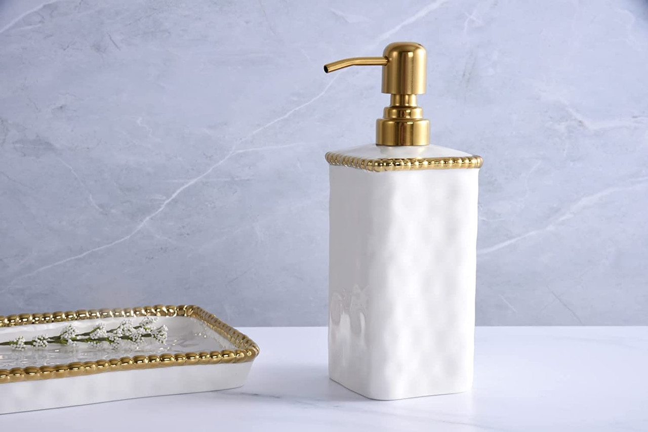 Vanity Accessories with Gold Beads Soap Pump White and Gold - Thumbnail 5