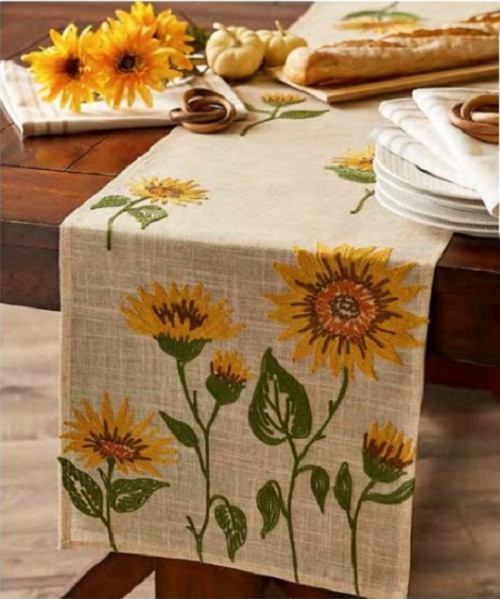 Design Imports India Table Runner, Embroidered Sunflowers