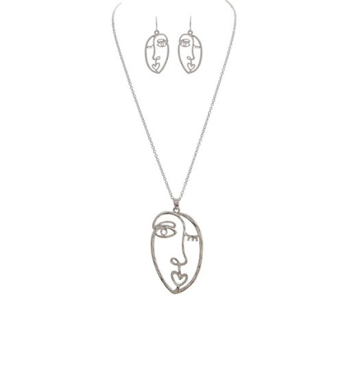 Rain Silver Picasso Face Necklace and Earring Set