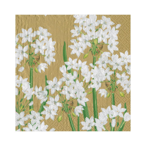 Caspari Paper Beverage Napkins, Paperwhites Gold - 2 Packs(16030C)