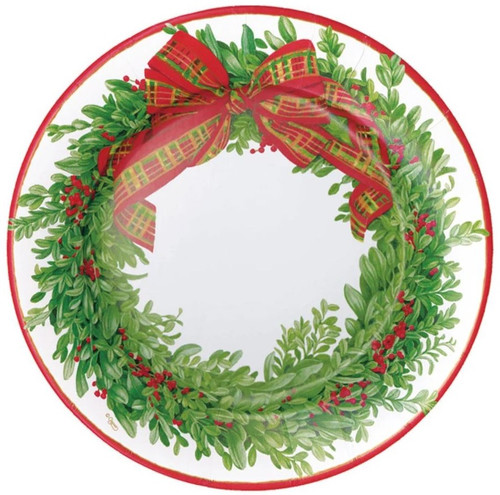 Caspari Round Paper Salad/Dessert Plates, Boxwood & Berries Wreath - 2 Packs (16200SP)