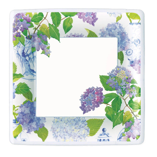 Caspari Square Paper Dinner Plates, Hydrangeas & Porcelain, 2 Pack (16400DP)