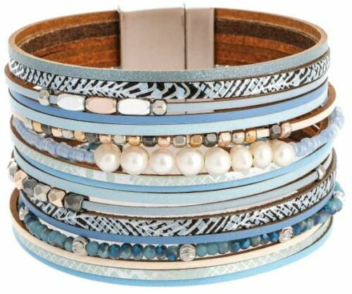 Rain Silver/Blue Pearl Mixed Media Magnetic Bracelet