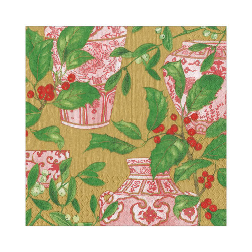 Caspari Paper Luncheon Napkins, Holly & Porcelain - 2 Packs (16600L)