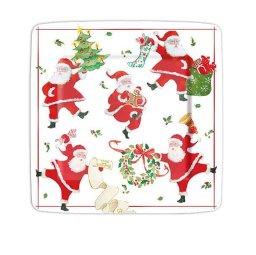 Caspari Square Paper Salad/Dessert Plates, Dancing Santas - 2 Packs (16670SP)