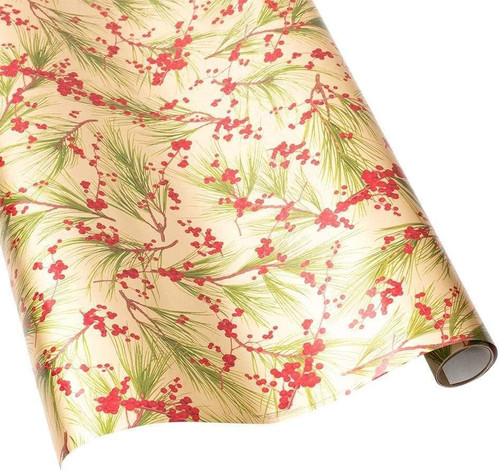 Caspari 6' Continuous Gift Wrap Roll, Berries and Pine on Gold Foil (97830RCF)