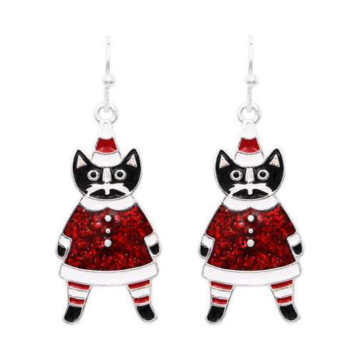 Rain Silver & Red Sparkle Santa Kitty Earrings