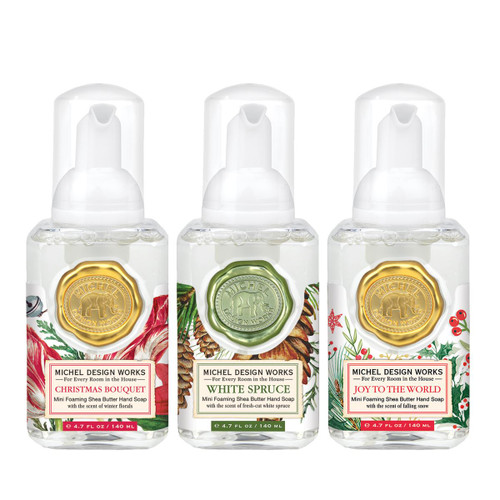 Michel Design Works Mini Foaming Hand Soap Set: Christmas Bouquet, White Spruce, and Joy to the World