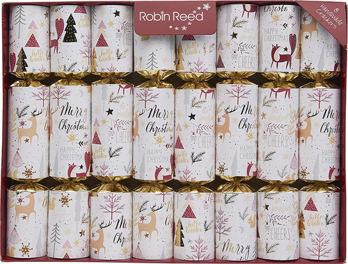 Robin Reed 10" Crackers, Cheerful Reindeer, Gold Cream, Set of 8 (52121)