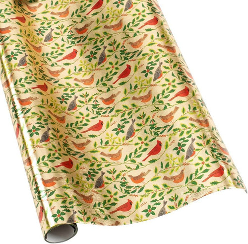 Caspari Gift Wrap,  Songbirds and Holly - Gold Foil (98160RCF)