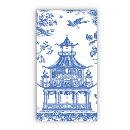 Caspari Paper Guest Towel Napkins, Chinoiserie Toile Pagoda (Blue) - 2 Packs (17510G)