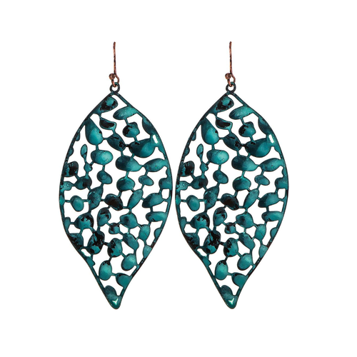 Rain Dangle Earrings, Pointy Wavy Leaf - Patina (E2854P)