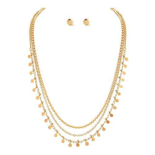 Rain Necklace & Earrings Set, Layered Charm Chain - Gold (N2305G)