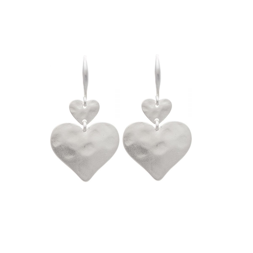 Rain Dangle Earrings, Double Hearts - Silver (E2622S)