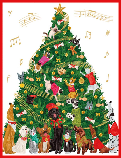 Caspari Boxed Christmas Cards, Dogs And Cats Christmas Tree - 16 Cards (103312)