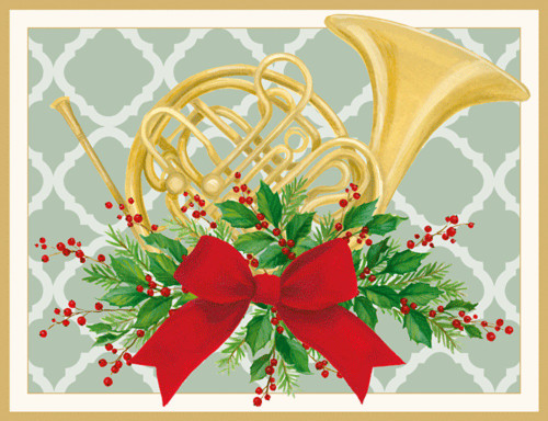 Caspari Boxed Christmas Cards, French Horn With Swag - 16 Cards (103309)