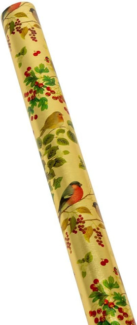 Caspari 6' Continuous High-Gloss Gift Wrap Roll, Winter Birds Gold Embossed Foil (95532RCF)