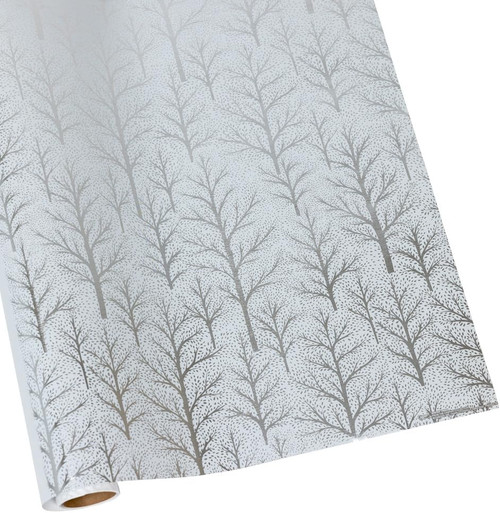 Caspari 6' Continuous Gift Wrap Roll, Winter Trees White & Silver Embossed Foil (10054RCF)