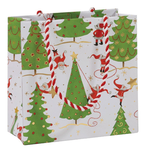Caspari Small Square Gift Bag, Twirling Santas (10060B1.5)