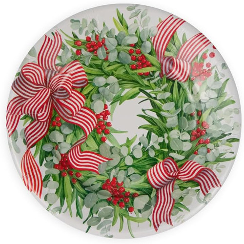 Caspari Round Paper Salad/Dessert Plates, Ribbon Stripe Wreath - 2 Packs (17540SP)