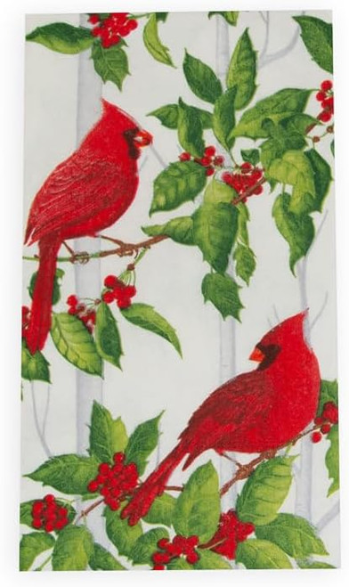 Caspari Paper Guest Towel Napkins,  Holly And Songbirds White & Silver - 2 Packs (17550G)