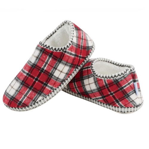 Snoozies Women's Cabin Slippers, Red & Cream Plaid - Large (WPCABIN-RDCRM)