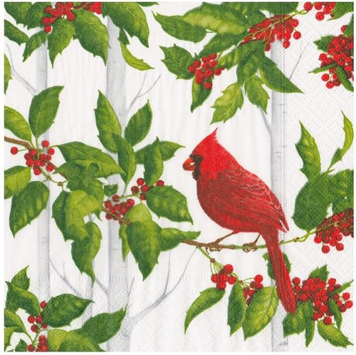 Caspari Paper Beverage Napkins, Holly And Songbirds - 2 Packs (17550C)