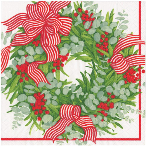 Caspari Paper Beverage Napkins, Ribbon Stripe Wreath - 2 Packs (17540C)